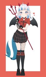 Rule 34 | 1girl, absurdres, ahoge, asymmetrical legwear, bat wings, blue eyes, blue hair, bracelet, braid, collar, demon horns, fang, fingerless gloves, fins, fish tail, fishnet sleeves, fishnets, full body, gawr gura, gloves, heart, heart-shaped pupils, highres, hololive, hololive english, horns, jewelry, looking at viewer, lucasyecla99, midriff, multicolored hair, navel, pitchfork, plaid, plaid skirt, pointy ears, red shirt, shark girl, shark tail, shirt, simple background, skin fang, skirt, smile, solo, spiked bracelet, spiked collar, spikes, symbol-shaped pupils, tail, twin braids, two-tone background, virtual youtuber, white hair, wings