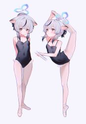Rule 34 | 1girl, athletic leotard, ballerina, ballet, ballet slippers, barre, black leotard, blue archive, blush, breasts, brown eyes, commentary request, covered navel, en pointe, flexible, frilled leotard, frills, full body, fymrie, grey background, grey hair, hair bun, halo, highres, holding leg, kneepits, kokona (blue archive), leg hold, leg lift, leg up, legs, leotard, long hair, multicolored hair, multiple views, pantyhose, pink footwear, pink pantyhose, simple background, small breasts, split, standing, standing on one leg, standing split, streaked hair, thighs, tiptoes, white background