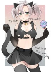 Rule 34 | 1girl, animal ears, antenna hair, bell, black choker, black gloves, black thighhighs, blush, breasts, candy, choker, cleavage, cowboy shot, dated, elbow gloves, fake animal ears, fake tail, food, gloves, green eyes, grey hair, hair between eyes, highres, holding, holding candy, holding food, jingle bell, kantai collection, kinugasa (kancolle), large breasts, one-hour drawing challenge, one side up, parted lips, short hair, signature, solo, tail, thighhighs, toriniku senshi chikinman, trick or treat, twitter username