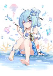Rule 34 | 1girl, arm support, bare shoulders, barefoot, blue skirt, blush, closed mouth, collarbone, commentary request, coral, fish, griseo, griseo (starry impression), gua ji gua ji, hand up, highres, holding, holding paintbrush, honkai (series), honkai impact 3rd, jellyfish, knees up, looking at viewer, paintbrush, pleated skirt, sitting, skirt, soles, solo, sunglasses, unworn eyewear, water, white background