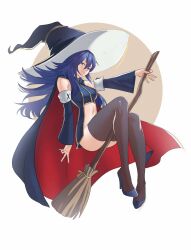 Rule 34 | 1girl, alternate costume, blue eyes, blue hair, breasts, broom, cape, detached sleeves, fire emblem, fire emblem awakening, full moon, hair between eyes, halloween, halloween costume, hat, high heels, highres, long hair, long sleeves, looking at viewer, lucina (fire emblem), medium breasts, midriff, moon, nintendo, pomelomelon, smile, smug, solo, symbol-shaped pupils, thighhighs, very long hair, wide sleeves, witch, witch hat