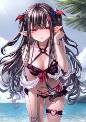 Rule 34 | 1girl, absurdres, bikini, black bikini, black hair, blue sky, blush, bracelet, breasts, bridal garter, cleavage, cloud, collarbone, commentary, day, expressionless, frilled bikini, frills, hair ornament, head wings, highres, horizon, jewelry, large breasts, leaning forward, leon v, long hair, looking at viewer, navel, ocean, original, outdoors, parted lips, pointy ears, red eyes, sky, solo, swimsuit, symbol-only commentary, two side up, vampire, very long hair, water, wings
