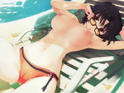 Rule 34 | 00s, 1girl, :o, adjusting eyewear, adjusting glasses, armpits, bikini, black hair, breasts, breasts apart, cameltoe, caustics, chair, female focus, game cg, glasses, highres, large breasts, looking over eyewear, looking over glasses, lounge chair, lying, mature female, mitsumi misato, nipples, nude filter, on back, orange-tinted eyewear, orange-tinted glasses, partially visible vulva, pool, pussy, red eyes, short hair, solo, sunglasses, swimsuit, third-party edit, tinted eyewear, to heart (series), to heart 2, to heart 2 ad, topfreedom, topless, yellow-tinted eyewear, yellow-tinted glasses, yuzuhara haruka
