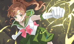 Rule 34 | 1girl, bishoujo senshi sailor moon, blush, bow, breasts, brown hair, circlet, commentary request, earrings, elbow gloves, flower earrings, gloves, green eyes, green sailor collar, green skirt, grin, haruri, highres, jewelry, kino makoto, long hair, looking at viewer, medium breasts, pink bow, pleated skirt, ponytail, puffy short sleeves, puffy sleeves, punching, sailor collar, sailor jupiter, shirt, short sleeves, skirt, smile, solo, white gloves, white shirt
