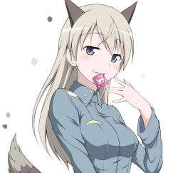 Rule 34 | 1girl, animal ears, blonde hair, blush, condom, condom in mouth, eila ilmatar juutilainen, fox ears, fox tail, grin, long hair, military, military uniform, mouth hold, nukamiso, purple eyes, smile, solo, strike witches, tail, uniform, world witches series, yozo (stanky)