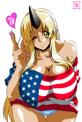 Rule 34 | 10s, 1girl, american flag shirt, bare shoulders, blonde hair, blowing kiss, breasts, collarbone, cowboy shot, dark-skinned female, dark skin, eyebrows, eyes visible through hair, heart, horns, huge breasts, leaning forward, long hair, looking at viewer, monster girl, monster musume no iru nichijou, nail polish, ogre, one eye closed, panties, pink nails, pointy ears, s-now, shiny skin, sidelocks, signature, simple background, single horn, solo, striped clothes, striped panties, thigh gap, tionishia, underwear, very long hair, white background, yellow eyes