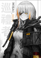 Rule 34 | 1girl, artist request, bad id, bad pixiv id, black jacket, closed mouth, eyepatch, girls&#039; frontline, hair between eyes, jacket, long hair, long sleeves, looking to the side, m16a1 (boss) (girls&#039; frontline), m16a1 (girls&#039; frontline), mole, mole under eye, multicolored hair, scar, scar across eye, scar on face, shirt, solo, streaked hair, white background, white hair, white shirt, yellow eyes