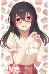 Rule 34 | 1girl, absurdres, bespectacled, blush, breasts, brown hair, cross-laced clothes, cross-laced skirt, floral print, food, fujiwara hajime, glasses, go-1, highres, idolmaster, idolmaster cinderella girls, jewelry, long hair, looking at viewer, macaron, medium breasts, necklace, own hands together, pearl necklace, pink skirt, puffy short sleeves, puffy sleeves, red-framed eyewear, short sleeves, skirt, smile, solo, upper body