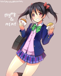 Rule 34 | 10s, 1girl, black hair, blush, bow, cardigan, dated, food, grin, hair bow, burger, highres, love live!, love live! school idol project, pink eyes, school uniform, short hair, skirt, smile, solo, song name, twintails, waffle, yazawa nico, yu-ta