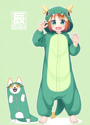 Rule 34 | 1girl, 2024, animal, animal costume, animal ears, barefoot, blush, brown hair, chinese zodiac, claw pose, commentary request, dog, dog ears, dragon costume, dragon horns, dragon tail, fake horns, fake tail, fang, full body, green background, green eyes, hands up, highres, horns, inuarashi, long sleeves, looking at viewer, meiko (inuarashi), open mouth, original, puffy long sleeves, puffy sleeves, shadow, solo, standing, tail, v-shaped eyebrows, year of the dragon