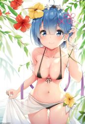 Rule 34 | 1girl, ahoge, artist name, bare arms, bare shoulders, bikini, black bikini, blue eyes, blue hair, blush, breasts, chintora0201, cleavage, closed mouth, clothes lift, collarbone, commentary request, cowboy shot, day, flower, flower knot, front-tie bikini top, front-tie top, gluteal fold, hair flower, hair ornament, hair over one eye, hair ribbon, hand in own hair, hand up, highres, leaf, leaning forward, lifted by self, looking at viewer, medium breasts, mole, mole on breast, navel, outdoors, pink ribbon, purple ribbon, re:zero kara hajimeru isekai seikatsu, red flower, rem (re:zero), ribbon, sarong, sarong lift, see-through, short hair, smile, solo, stomach, swimsuit, thigh gap, thighs, wet, x hair ornament, yellow flower