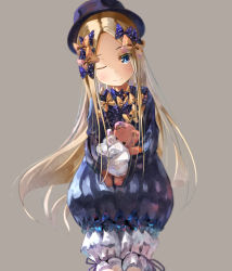 Rule 34 | 1girl, abigail williams (fate), black bow, black dress, black headwear, blonde hair, bloomers, blue eyes, blush, bow, breasts, dress, fate/grand order, fate (series), forehead, hair bow, long hair, long sleeves, looking at viewer, multiple hair bows, orange bow, parted bangs, polka dot, polka dot bow, sakazakinchan, sleeves past fingers, sleeves past wrists, small breasts, smile, stuffed animal, stuffed toy, teddy bear, underwear, white bloomers
