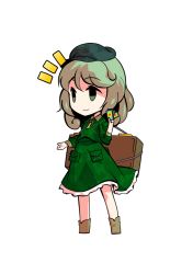 Rule 34 | 1girl, brown footwear, card, chibi, closed mouth, dairi, dress, green dress, green eyes, green hair, green hat, green sleeves, hand up, hat, long sleeves, short hair, simple background, smile, solo, standing, tachi-e, touhou, transparent background, white background, yamashiro takane
