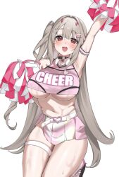 1girl :d arm_up armpits belt blush breasts cheerleader crop_top goddess_of_victory:_nikke grey_hair heart_collar highres large_breasts lia_(pzvs3887) long_hair looking_at_viewer midriff mole mole_under_eye navel open_mouth pink_shirt pom_pom_(cheerleading) red_eyes shirt smile solo sweat thigh_strap thighs underboob viper_(nikke)