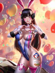 Rule 34 | 1girl, ;), animal ears, backlighting, balloon, bare hips, blunt bangs, blush, breasts, brown eyes, brown hair, center opening, cleavage, clothes writing, cloud, confetti, covered navel, d.va (overwatch), facial mark, fake animal ears, grey thighhighs, headgear, heart, heart hands, highleg, highleg leotard, highres, large breasts, lens flare, leotard, liang xing, long hair, long sleeves, looking at viewer, one eye closed, overwatch, overwatch 1, playboy bunny, rabbit ears, race queen, red lips, shrug (clothing), signature, smile, solo, thighhighs, very long hair, wrist cuffs