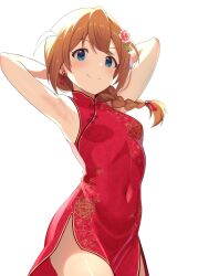 Rule 34 | 1girl, aqua eyes, armpits, arms behind head, baba konomi, baji toufuu (bajitohfu), braid, breasts, brown hair, china dress, chinese clothes, commentary, covered navel, dress, floral print, flower, hair between eyes, hair flower, hair ornament, highres, idolmaster, idolmaster million live!, idolmaster million live! theater days, light blush, long hair, looking at viewer, official alternate costume, red dress, side ahoge, side braid, side slit, sidelocks, sleeveless, sleeveless dress, small breasts, smile, solo, thighs, white background