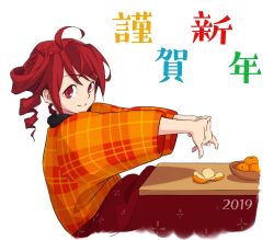 Rule 34 | 1girl, 2019, ahoge, commentary, drill, drill hair, fingers together, food, from side, fruit, happy new year, japanese clothes, kasane teto, kimono, kotatsu, looking at viewer, looking to the side, mandarin orange, new year, orange kimono, orange peel, plaid kimono, red eyes, red hair, short hair, smile, solo, stretching, table, translated, twin drills, upper body, utau, white background, yasutange