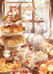 Rule 34 | biscuit (bread), bow, cake stand, candle, cookie, cup, cupcake, curtains, english text, food, fruit, highres, indoors, jam, jar, milk, nao (bestrollever), no humans, orange (fruit), orange slice, original, plate, red bow, sandwich, saucer, spoon, sugar cube, teapot, tray, window