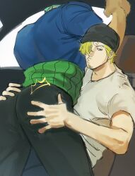 Rule 34 | 2boys, alternate costume, ass, ass focus, bara, beanie, blonde hair, car interior, car seat, curly eyebrows, feet out of frame, green hair, hat, he wants to order (meme), highres, lying on person, male focus, meme, multiple boys, muscular, muscular male, one piece, roronoa zoro, sanji (one piece), short hair, spanking, sweetdou3, unfinished, yaoi