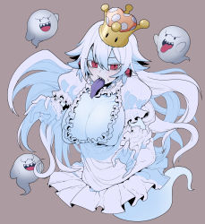 Rule 34 | 1girl, :p, absurdres, blush, boo (mario), breasts, cleavage, crown, dress, frilled dress, frilled skirt, frills, ghost, gloves, grey background, half-closed eyes, highres, large breasts, long hair, luigi&#039;s mansion, mario (series), new super mario bros. u deluxe, nintendo, personification, princess king boo, puffy short sleeves, puffy sleeves, red eyes, saliva, sb lama, sharp teeth, short sleeves, simple background, skirt, slit pupils, smile, solo, super crown, teeth, tongue, tongue out, white dress, white gloves