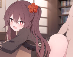 Rule 34 | 1boy, 1girl, black shirt, blush, bookshelf, bottomless, brown hair, chinese commentary, clothed female nude male, clothed sex, commentary request, flower, from side, genshin impact, happy sex, heart, heart-shaped pupils, hetero, highres, hu tao (genshin impact), indoors, jyt, long hair, looking at viewer, no headwear, nude, open mouth, plum blossoms, red eyes, sex, sex from behind, shirt, smile, solo focus, symbol-shaped pupils