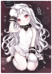 Rule 34 | 10s, 1girl, abyssal ship, anklet, barefoot, blush, bracelet, chiyingzai, colored skin, dress, hand on another&#039;s head, horns, jewelry, kantai collection, long hair, mittens, northern ocean princess, pale skin, pov, pov hands, red eyes, solo focus, white dress, white hair, white skin