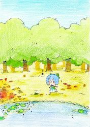 Rule 34 | 1girl, bad id, bad pixiv id, chibi, cirno, dress, female focus, forest, kochouran, lake, lily pad, nature, outdoors, plant, sky, solo, touhou, traditional media