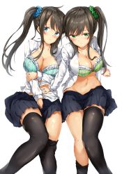 Rule 34 | 2girls, bad id, bad pixiv id, black legwear, blue eyes, blush, bra, breasts, brown hair, cleavage, commentary request, green eyes, highres, large breasts, long hair, looking at viewer, multiple girls, nametake (nekoyasya12172), navel, one side up, open clothes, original, parted lips, pleated skirt, pout, school uniform, scrunchie, siblings, side ponytail, sisters, skirt, thighhighs, thighhighs pull, underwear, undressing, white background