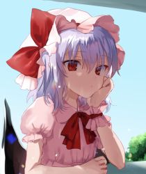 Rule 34 | 1girl, bat wings, blue hair, blue sky, bow, bowtie, cloud, day, dress, hair between eyes, hand up, hat, hat bow, head rest, looking at viewer, mob cap, nazuka (mikkamisaki), outdoors, pink dress, pink hat, pointy ears, puffy short sleeves, puffy sleeves, red bow, red bowtie, red eyes, remilia scarlet, short hair, short sleeves, sky, solo, touhou, upper body, wings, wrist cuffs