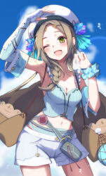 Rule 34 | 1girl, arm up, armlet, atelier (series), atelier firis, backpack, bag, blush, braid, brown bag, brown hair, crop top, detached sleeves, firis mistlud, gloves, green eyes, hair ornament, hand up, hat, highres, looking at viewer, navel, one eye closed, open mouth, satchel, shorts, single glove, smile, solo, white hat, yanu