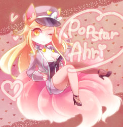 Rule 34 | 1girl, ;), ahri (league of legends), alternate costume, alternate hair color, alternate hairstyle, animal ears, blonde hair, blush, bow, breasts, character name, chibi, cleavage, cosplay, cross-laced footwear, epaulettes, facial mark, fox ears, fox tail, from side, full body, girls&#039; generation, hand on own hip, hat, hat bow, heart, heart background, heart necklace, high heels, jewelry, knees together feet apart, lace, lace background, league of legends, light smile, long hair, long sleeves, looking at viewer, mizoreame, multiple tails, necklace, one eye closed, peaked cap, popstar ahri, salute, shoes, shorts, sitting, smile, solo, swept bangs, tail, thighs, uniform, very long hair, whisker markings, wink, yellow eyes, zipper