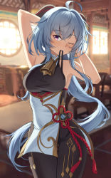 Rule 34 | 1girl, 29hyeon, absurdres, ahoge, armpits, arms behind head, arms up, bare shoulders, bell, blue hair, bodysuit, breasts, cowboy shot, flower knot, ganyu (genshin impact), genshin impact, goat horns, hair tie, highres, horns, indoors, large breasts, long hair, mouth hold, neck bell, one eye closed, pantyhose, purple eyes, round window, solo, vision (genshin impact), window