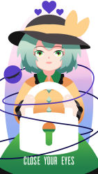 Rule 34 | 1girl, :d, black hat, bow, commentary, commission, cowboy shot, english commentary, english text, frilled shirt collar, frills, green eyes, green hair, green skirt, hat, hat bow, heart, highres, holding, komeiji koishi, lock, looking at viewer, open mouth, shirt, short hair, skirt, smile, solo, third eye, touhou, wallpaper, white background, yellow bow, yellow shirt, yoruny