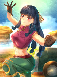 Rule 34 | 1girl, absurdres, appare-ranman!, black hair, brown gloves, car, china dress, chinese clothes, clenched hand, commentary, day, dress, english commentary, fighting stance, gloves, green pants, highres, jing xia lian, long hair, midriff, motor vehicle, navel, outdoors, pants, red eyes, smile, solo, standing, standing on one leg, zephx