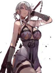 Rule 34 | 1girl, arm behind head, bandaged arm, bandaged neck, bandages, black gloves, blue dress, breasts, cleavage, cowboy shot, dokuro deluxe, dress, eyebrows hidden by hair, gloves, grey eyes, hair behind ear, hair rings, highres, holding, holding sword, holding weapon, kaine (nier), looking to the side, medium breasts, nier, nier (series), silver hair, solo, sword, weapon, white background