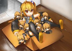 Rule 34 | &gt;:o, &gt; &lt;, 6+girls, :o, akita neru, bare shoulders, black legwear, blonde hair, box, cardboard box, chibi, clone, closed eyes, detached sleeves, headset, in box, in container, magu (mugsfc), mini person, minigirl, multiple girls, open mouth, red eyes, side ponytail, sitting, skirt, thighhighs, tsurime, v-shaped eyebrows, vocaloid