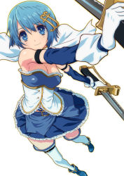 Rule 34 | 10s, 1girl, armband, bare shoulders, belt, blue eyes, blue hair, breasts, cape, cleavage, dual wielding, foreshortening, fortissimo, gloves, hair ornament, hairclip, hirose (mokiki), holding, magical girl, mahou shoujo madoka magica, mahou shoujo madoka magica (anime), mahou shoujo madoka magica movie 1 &amp; 2, matching hair/eyes, medium breasts, miki sayaka, musical note, musical note hair ornament, simple background, smile, solo, soul gem, sword, thighhighs, weapon, white background, zettai ryouiki