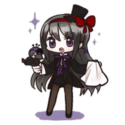 Rule 34 | 10s, 1girl, :d, akemi homura, animal, bird, bird on hand, black hair, bow, fc (efushii), full body, gloves, hair bow, hair ribbon, hat, jewelry, liese (madoka magica), long hair, looking at viewer, magician, mahou shoujo madoka magica, mahou shoujo madoka magica: hangyaku no monogatari, open mouth, pantyhose, purple eyes, red bow, ribbon, simple background, smile, solo, standing, star (symbol), top hat, white background
