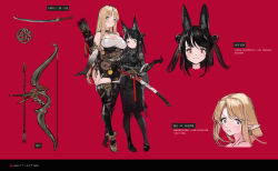 Rule 34 | 2girls, absurdres, animal ears, arrow (projectile), bad id, bad pixiv id, black eyes, black gloves, black hair, black thighhighs, blonde hair, blush, bow (weapon), breasts, cleavage, crossed legs, double bun, earrings, elbow gloves, gloves, hair bun, hair ornament, highres, jewelry, katana, mole, mole under eye, multiple girls, open mouth, pixiv fantasia, pixiv fantasia age of starlight, pointy ears, quiver, red background, red eyes, renatus.z, simple background, smile, strapless, sword, thick thighs, thighhighs, thighs, two side up, weapon