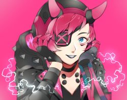 Rule 34 | 1girl, animification, apex legends, bad id, bad pixiv id, bandages, black gloves, black jacket, black lips, blue eyes, choker, commentary request, cyber punked wattson, electricity, eyepatch, facial mark, gloves, gradient background, hands on own cheeks, hands on own face, helmet, hood, hood down, horns, jacket, lipstick, long sleeves, looking at viewer, makeup, mamio (pixiv45381719), open mouth, pink background, pink gloves, pink hair, smile, solo, upper body, wattson (apex legends)
