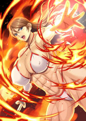 Rule 34 | 1girl, abs, absurdres, breasts, brown hair, fire, golden axe, highres, large breasts, looking at viewer, open mouth, sega, sword, tyris flare, weapon