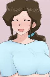 Rule 34 | 1girl, breasts, brown hair, closed eyes, commentary request, konjiki no gash!!, large breasts, long hair, mature female, oliver11020, open mouth, pink background, simple background, smile, solo, sweatdrop, takamine hana