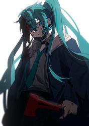 Rule 34 | 1girl, aqua eyes, aqua hair, backlighting, blood, half-closed eyes, hatsune miku, highres, holding, holding weapon, long hair, looking at viewer, simple background, solo, twintails, vocaloid, weapon, ximuye