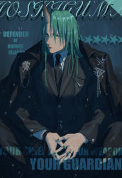 Rule 34 | 1girl, absurdres, arknights, bad id, bad pixiv id, black coat, black suit, coat, fingernails, formal, green hair, green nails, highres, horns, hoshiguma (arknights), jacket, jacket on shoulders, jewelry, long hair, looking at viewer, nail polish, necktie, own hands together, randstrawberry, ring, shirt, single horn, sitting, skin-covered horns, solo, solo focus, suit, suit jacket, white shirt