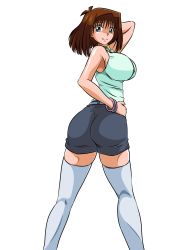Rule 34 | 1girl, ass, blue eyes, breasts, brown hair, female focus, highres, large breasts, looking at viewer, looking back, mazaki anzu, sakabane lv1, shirt, short shorts, shorts, sleeveless, sleeveless shirt, smile, solo, standing, thighhighs, yu-gi-oh!