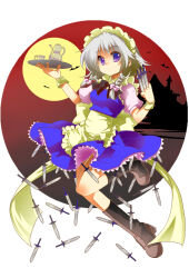 Rule 34 | 1girl, apron, back bow, between fingers, black bow, black bowtie, blue dress, boots, bow, bowtie, braid, breasts, brown footwear, closed mouth, commentary request, cup, dress, expressionless, frilled dress, frills, full body, full moon, grey hair, hair bow, highres, holding, holding tray, iwaserie, izayoi sakuya, knife, large bow, long hair, looking at viewer, maid, maid headdress, medium breasts, moon, pink bow, puffy short sleeves, puffy sleeves, purple eyes, short sleeves, sleeveless, sleeveless dress, solo, teacup, teapot, throwing knife, touhou, tray, twin braids, waist apron, weapon, white apron, white bow