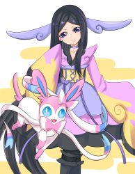 Rule 34 | 1girl, black hair, choker, creatures (company), dress, game freak, gen 6 pokemon, gym leader, hair ornament, highres, japanese clothes, long hair, long sleeves, looking at viewer, multicolored clothes, multicolored dress, nintendo, pokemon, pokemon (creature), pokemon xy, purple eyes, sleeves past fingers, sleeves past wrists, smile, sylveon, valerie (pokemon), very long hair, yuuki510510