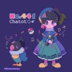 Rule 34 | 1girl, beamed eighth notes, bird, black eyes, black hair, blue background, blue hat, blunt bangs, character name, chatot, creatures (company), dress, eighth note, full body, game freak, gen 4 pokemon, hat, highres, holding, long hair, long sleeves, looking at viewer, moemon, music, musical note, narumame, nintendo, personification, pink legwear, poke ball, poke ball (basic), pokedex number, pokemon, pokemon (creature), ponytail, quarter note, sharp sign, simple background, smile, staff (music), standing, treble clef, twitter username, yellow footwear