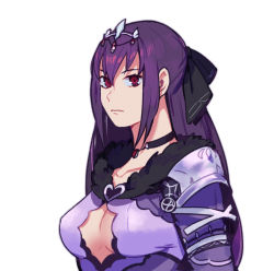 Rule 34 | 1girl, black choker, breasts, choker, circlet, closed mouth, dress, fate/grand order, fate (series), fur trim, hair between eyes, highres, idk-kun, long hair, long sleeves, looking at viewer, medium breasts, purple dress, purple hair, red eyes, scathach (fate), scathach skadi (fate), simple background, solo, upper body, white background