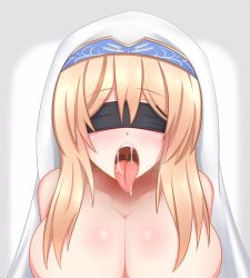 Rule 34 | 10s, 1girl, artist name, black blindfold, blindfold, blonde hair, blush, breasts, facing viewer, gabailu, goblin slayer!, hat, highres, huge breasts, long hair, nude, open mouth, oral invitation, out-of-frame censoring, saliva, sexually suggestive, solo, sword maiden, tongue, tongue out, upper body, uvula